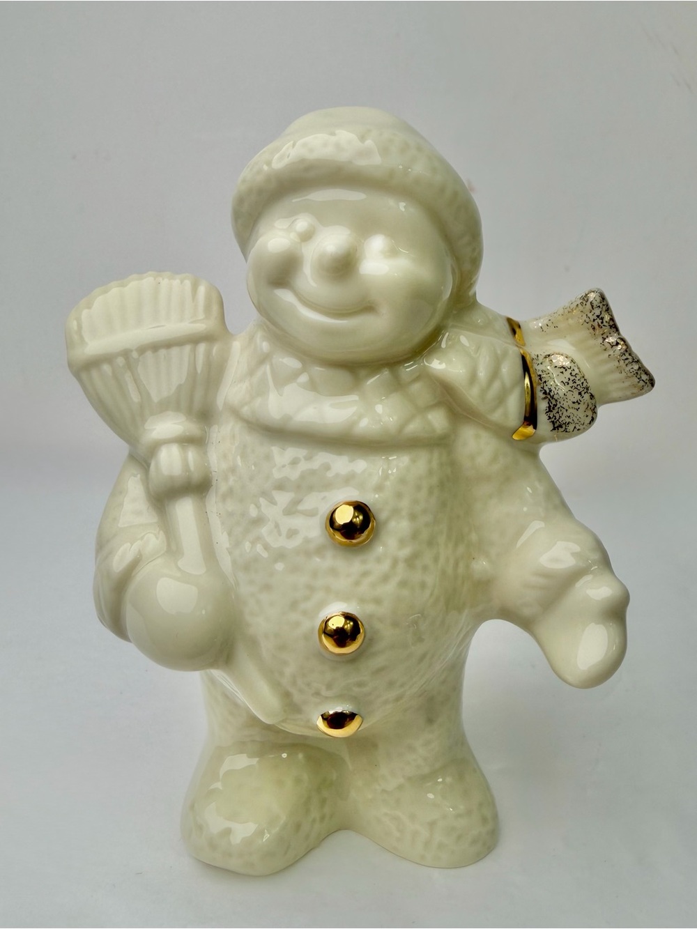 Lenox Christmas Snowman Holiday Figurine w/ Broom Scarf Porcelain Gold Trim VTG